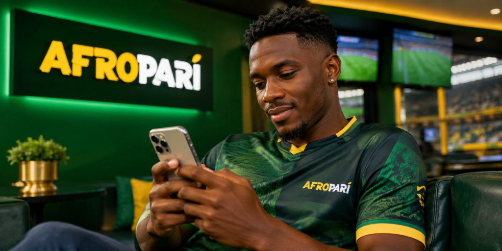 Man holding a phone while sitting in a sports lounge