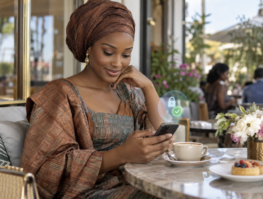 Woman checking a security notification on her phone at a café.